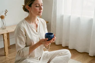 Femme en méditation tenant une pierre bleue de lapis-lazuli pour apaiser l'anxiété et retrouver la sérénité