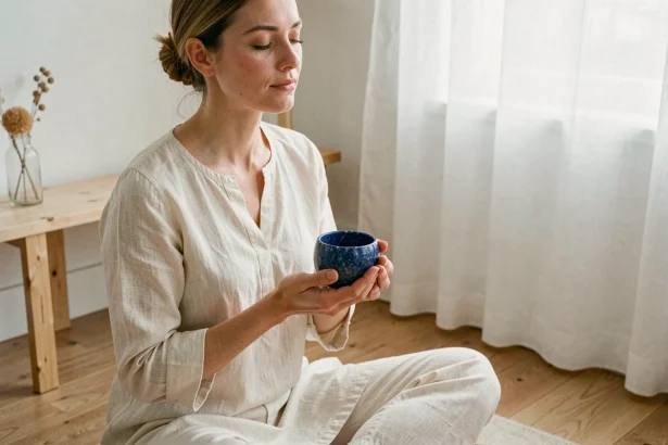 Femme en méditation tenant une pierre bleue de lapis-lazuli pour apaiser l'anxiété et retrouver la sérénité
