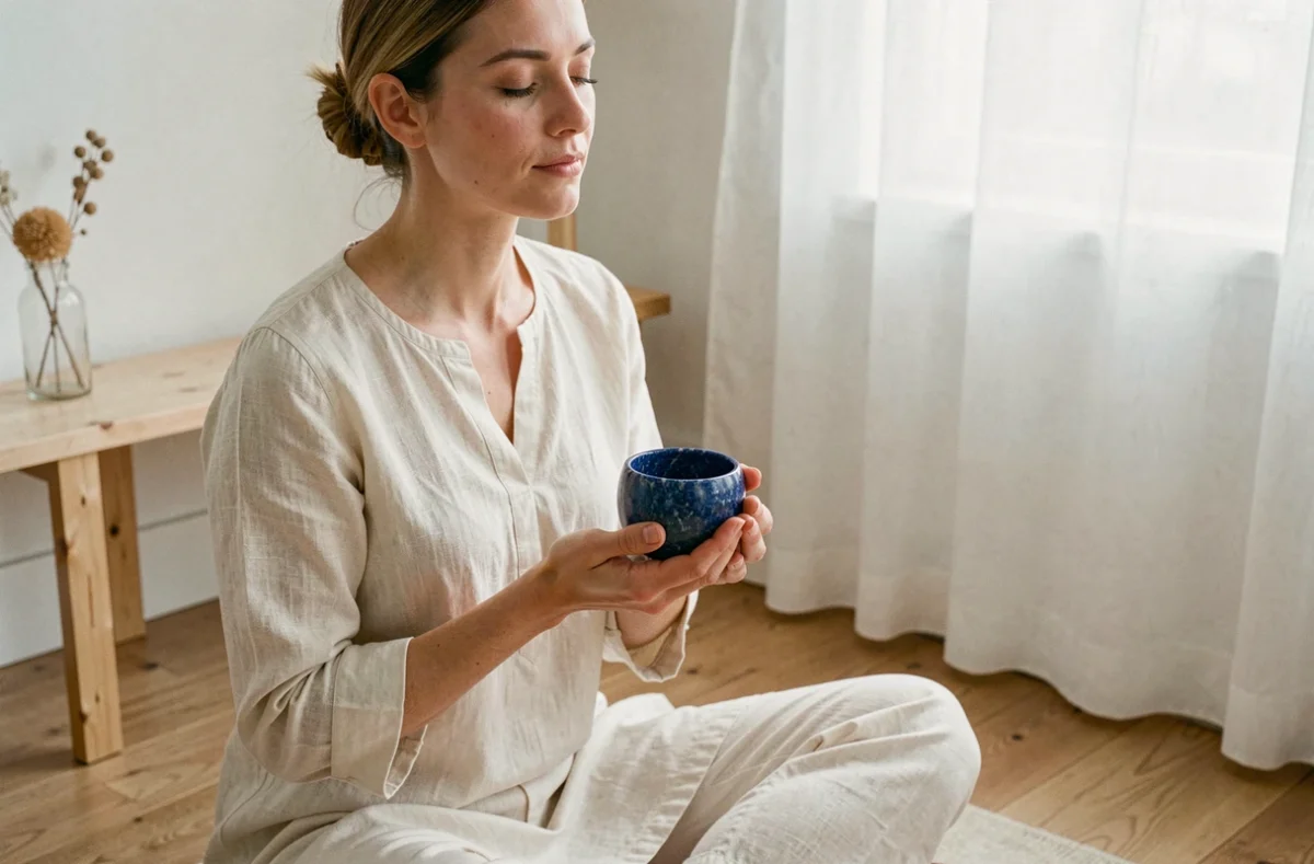 Femme en méditation tenant une pierre bleue de lapis-lazuli pour apaiser l'anxiété et retrouver la sérénité