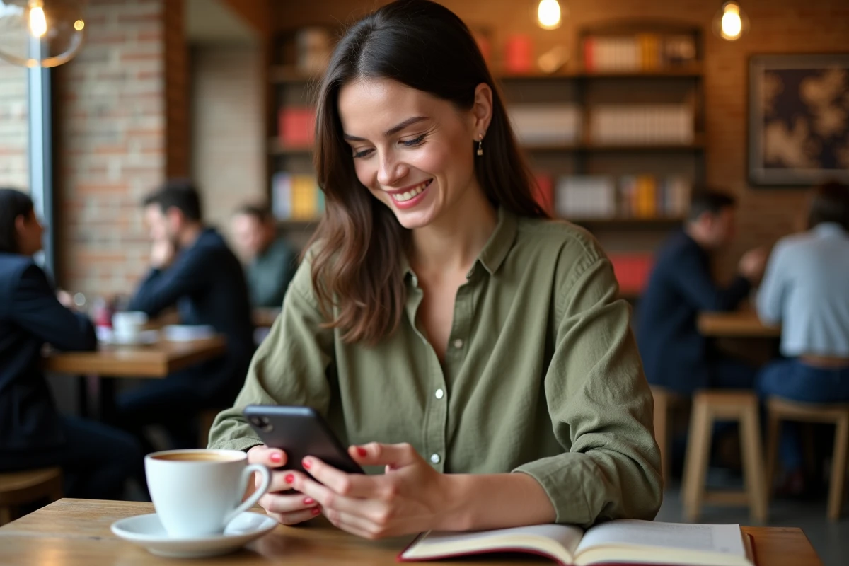 Femme souriante écrivant un message sur son téléphone dans un café, illustrant l'usage correct de 'profitez bien' dans une conversation informelle