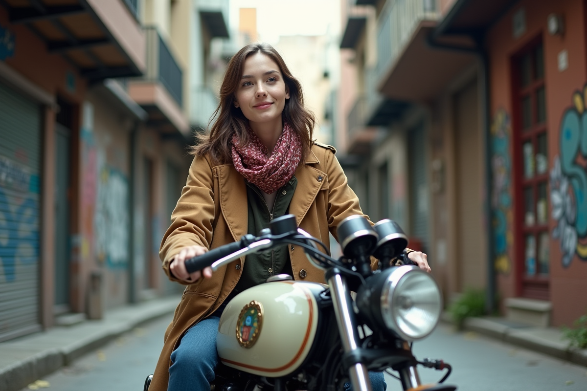 Femme assise sur une moto Dax dans une rue urbaine