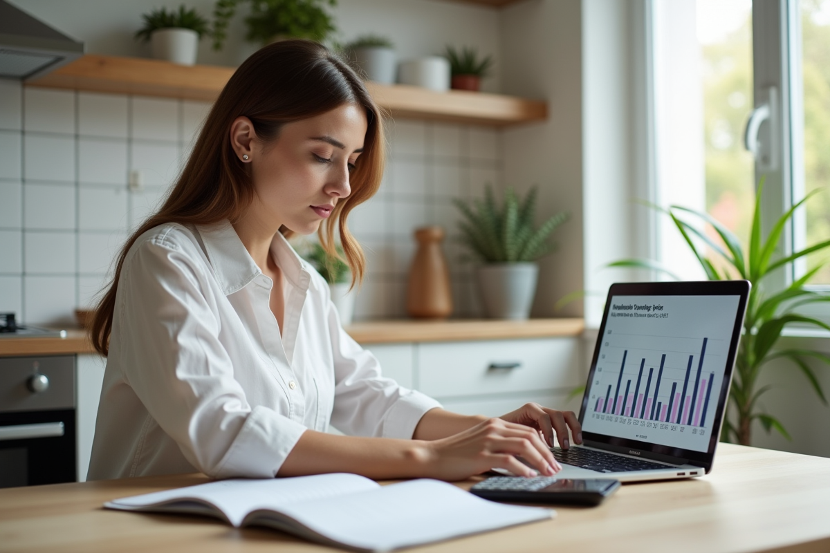 Jeune femme étudie un graphique de prix d