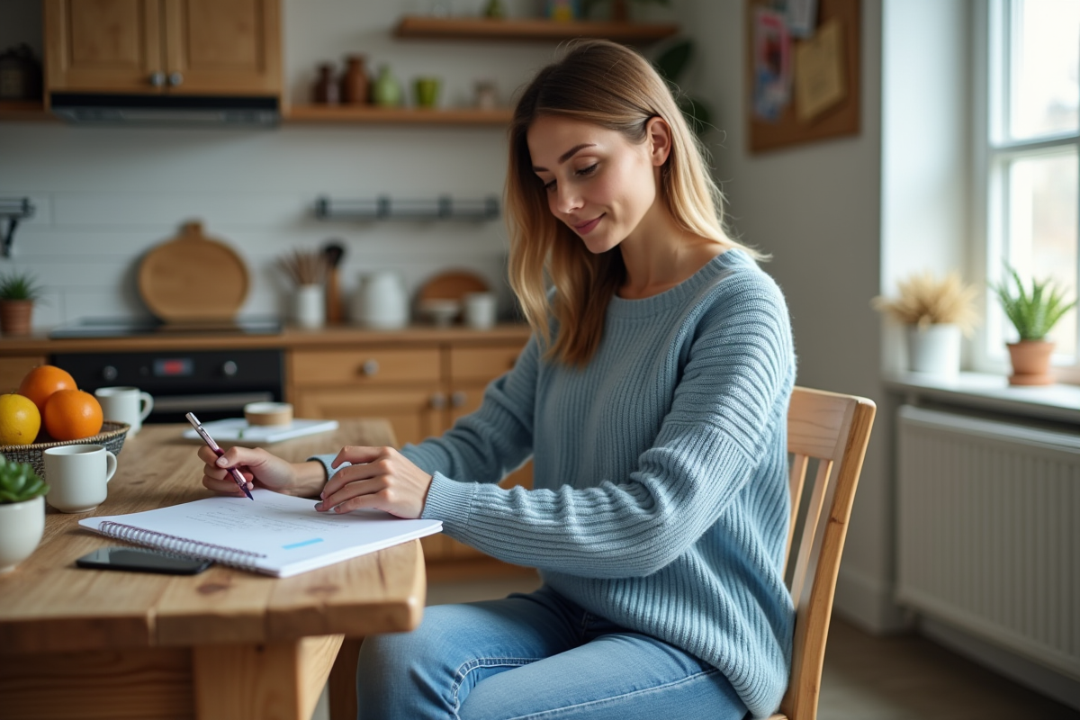 Femme en cuisine organise un planner et tablette