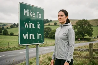 Femme en tenue de sport devant un panneau de signalisation indiquant des distances en miles et kilomètres sur une route de campagne