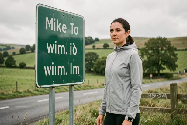 Femme en tenue de sport devant un panneau de signalisation indiquant des distances en miles et kilomètres sur une route de campagne