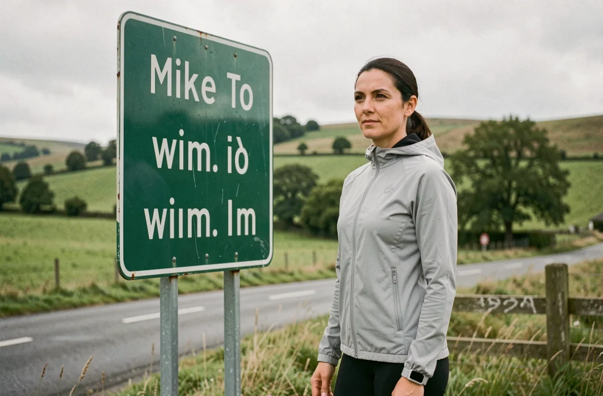 Femme en tenue de sport devant un panneau de signalisation indiquant des distances en miles et kilomètres sur une route de campagne