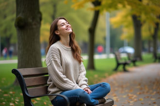 Femme détendue assise dans un parc en automne