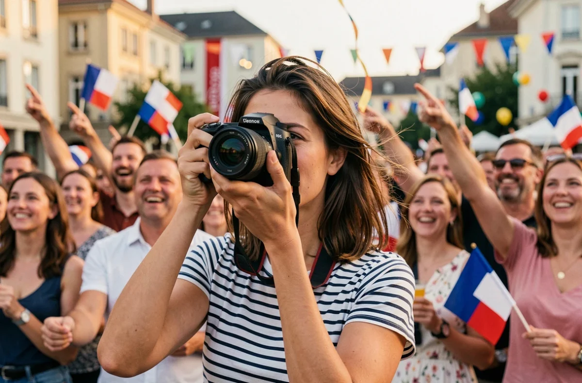 Jeune femme photographiant le feu d'artifice du 14 juillet en pleine foule sur la place publique de Villeneuve d'Ascq