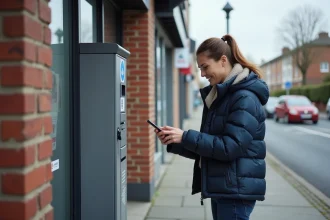 Femme récupérant un colis dans un point relais Mondial Relay en milieu urbain français
