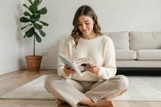 Femme sereine lisant un livre sur la psychologie positive dans un salon minimaliste scandinave