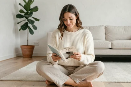 Femme sereine lisant un livre sur la psychologie positive dans un salon minimaliste scandinave