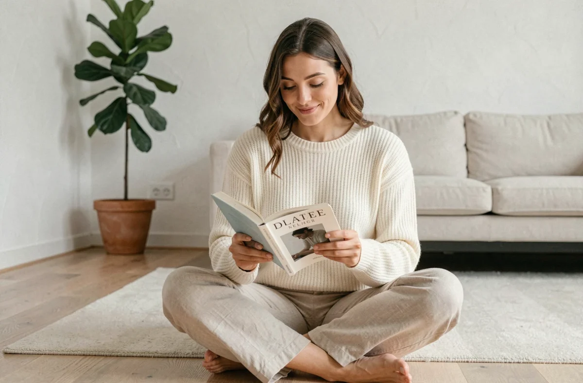 Femme sereine lisant un livre sur la psychologie positive dans un salon minimaliste scandinave