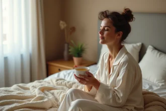 Femme en pyjama tenant une tasse de tisane au bord du lit dans une chambre apaisante pour une bonne nuit de repos