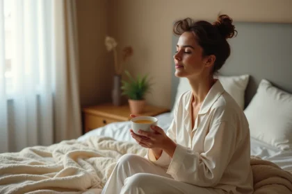Femme en pyjama tenant une tasse de tisane au bord du lit dans une chambre apaisante pour une bonne nuit de repos