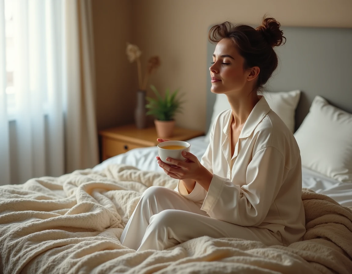 Femme en pyjama tenant une tasse de tisane au bord du lit dans une chambre apaisante pour une bonne nuit de repos