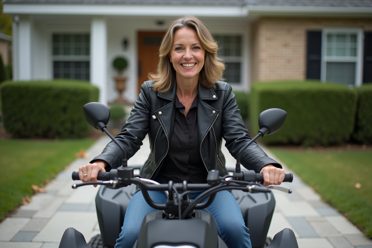Femme assise sur quad dans une cour résidentielle
