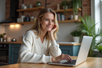 Femme détendue cherchant immobilier sur son ordinateur