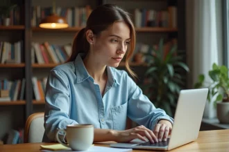 Femme concentrée en train de taper un e-mail sur son ordinateur portable dans un bureau à domicile moderne