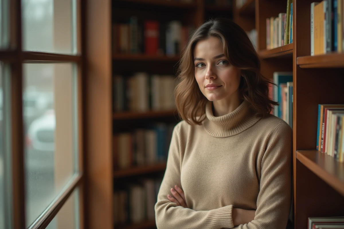 Femme en librairie remarquant un regard et répondant avec une expression assurée