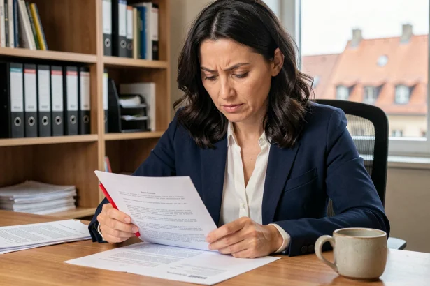 Femme alsacienne relisant un document en français avec un stylo rouge dans un bureau moderne à Strasbourg