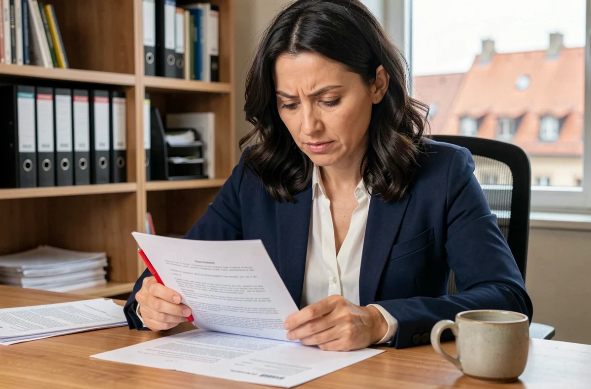 Femme alsacienne relisant un document en français avec un stylo rouge dans un bureau moderne à Strasbourg