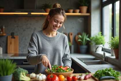 Jeune femme préparant une salade colorée dans une cuisine moderne