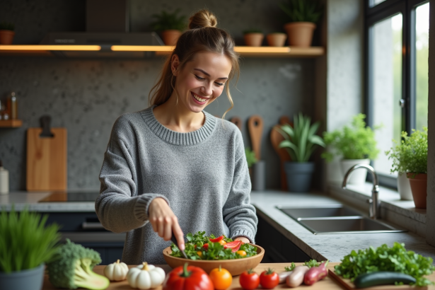 Jeune femme préparant une salade colorée dans une cuisine moderne