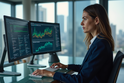 Femme confiante en bureau moderne analysant des données de cybersécurité