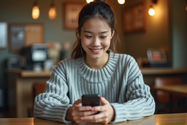 Jeune femme consultant son smartphone dans un café pour accéder à une application mobile sans publicités intrusives
