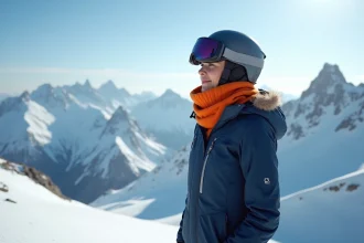 Femme en veste de ski au sommet d'un massif enneigé dans les Alpes françaises avec panorama de montagnes en hiver