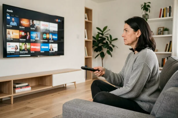Femme regardant un écran de télévision affichant un menu de chaînes sur une box internet dans un salon moderne