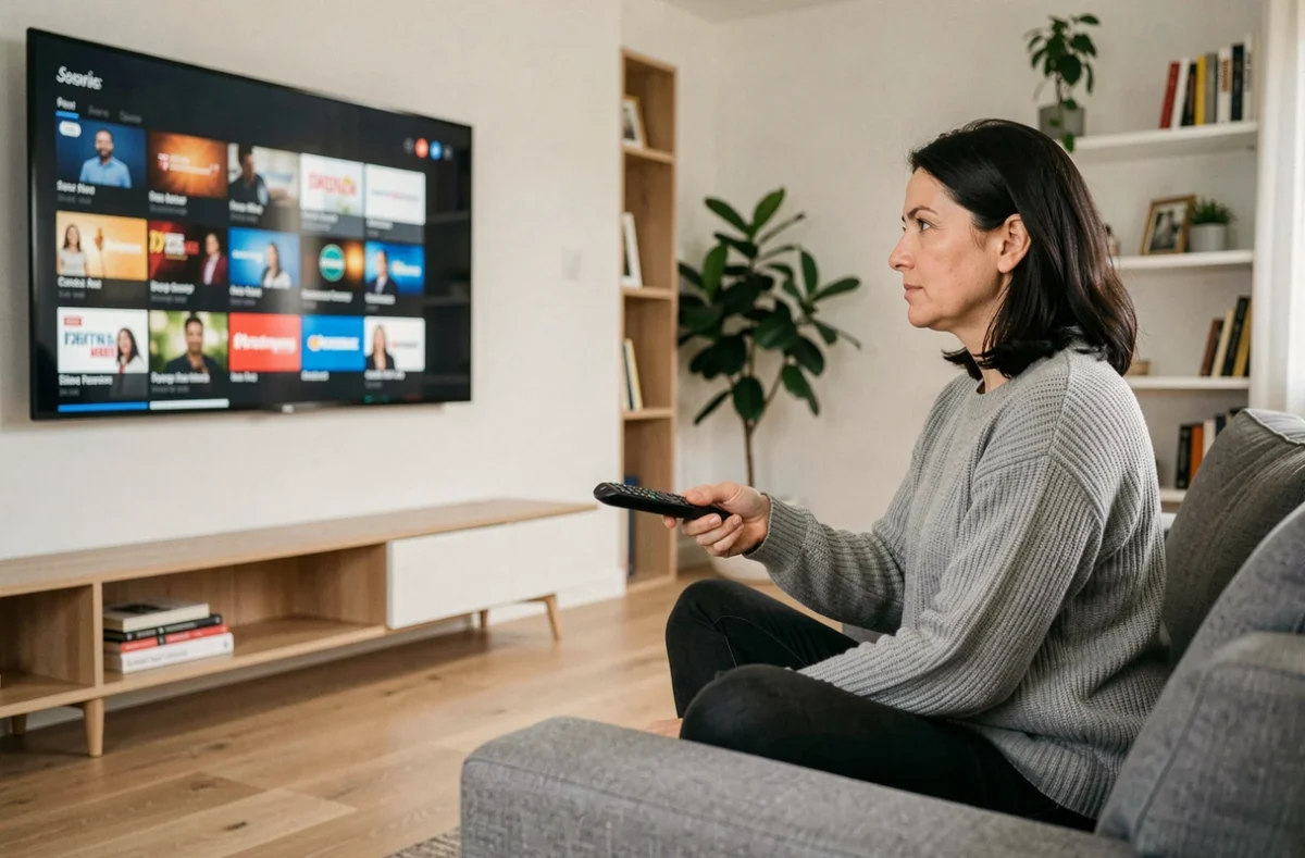 Femme regardant un écran de télévision affichant un menu de chaînes sur une box internet dans un salon moderne