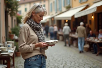 Femme examinant des assiettes en céramique ancienne au marché