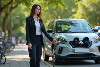 Jeune femme en costume charge une voiture électrique en ville