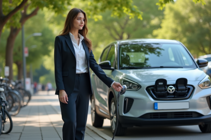 Jeune femme en costume charge une voiture électrique en ville