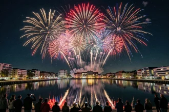 Feu d'artifice du 14 juillet à Villeneuve d'Ascq reflété sur le lac avec foule de spectateurs en silhouette