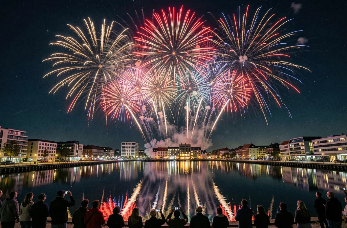 Feu d'artifice du 14 juillet à Villeneuve d'Ascq reflété sur le lac avec foule de spectateurs en silhouette