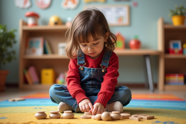 Jeune fille de 6 ans assemble un puzzle dans une classe