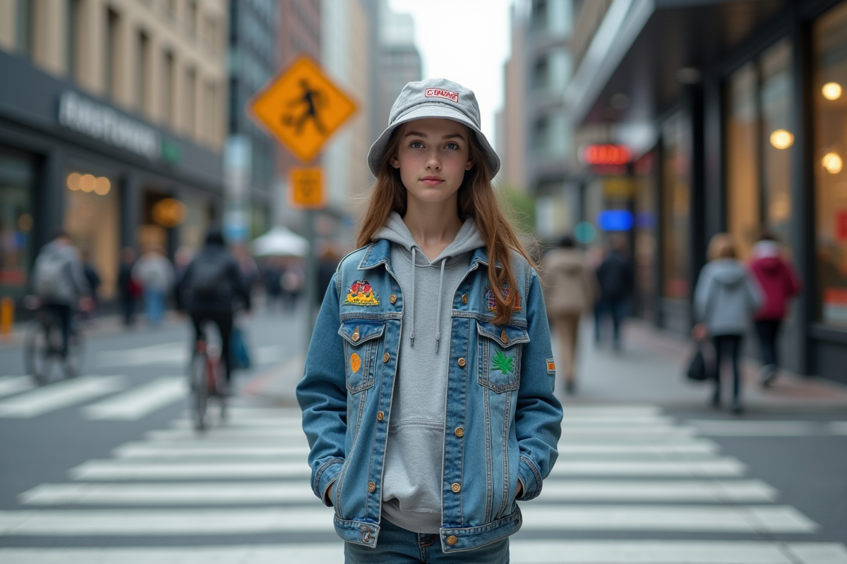 Jeune fille en hoodie et jean patché dans la ville
