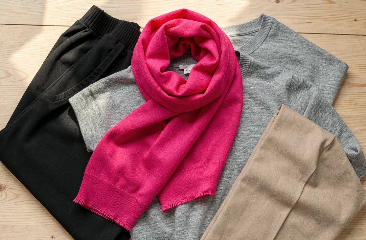 Foulard fuchsia associé à des vêtements noirs, gris et beiges