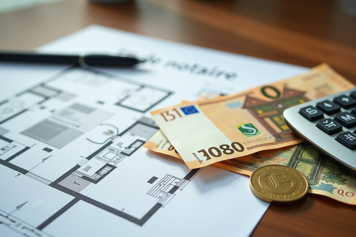 Billets et pièces d euro avec plan de maison et document frais de notaire