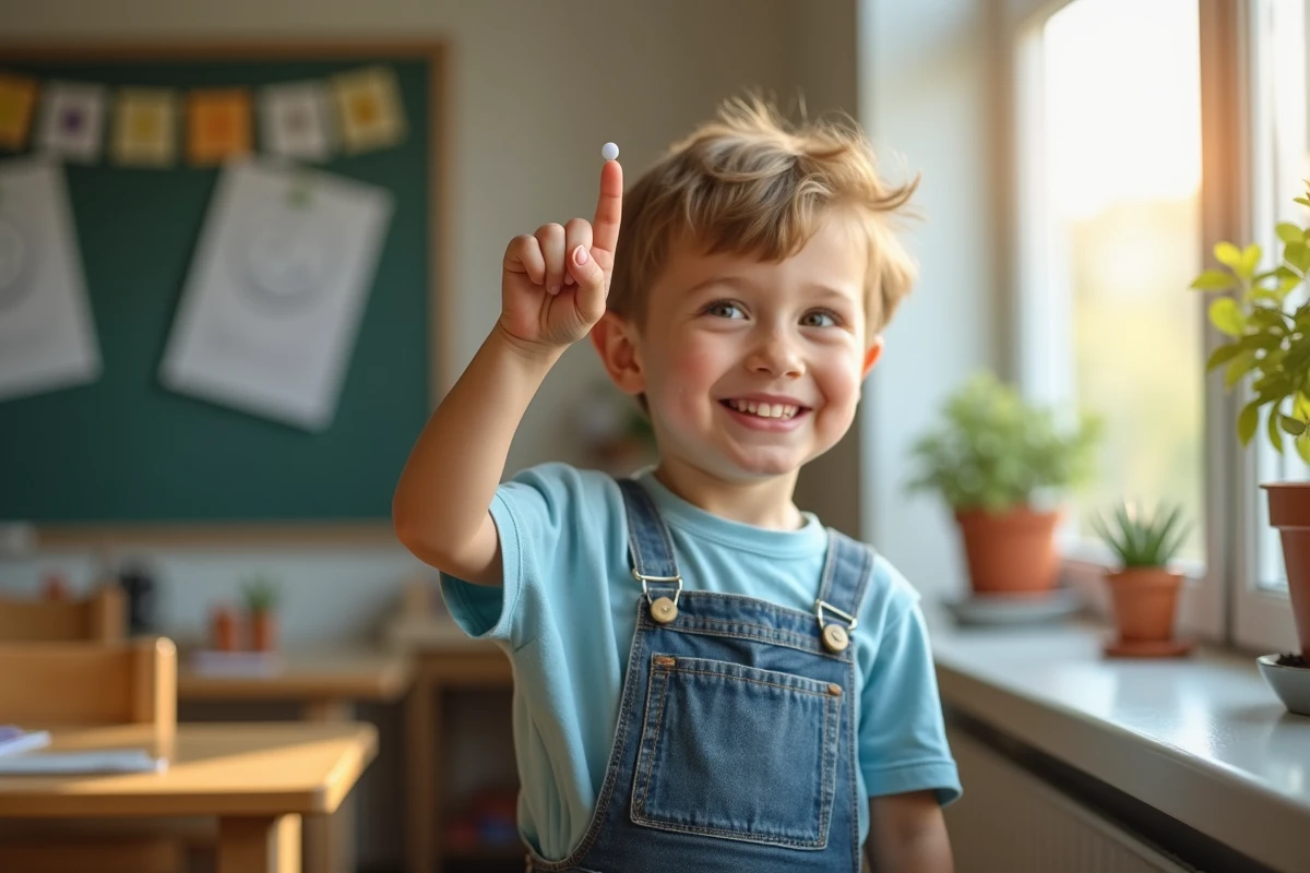 Garçon jouant avec un visage souriant sur la vitre en classe