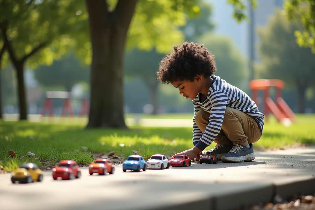 Garçon de 8 ans observe des voitures dans un parc ensoleille