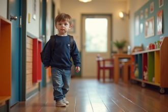Garçon de 5 ans devant une école maternelle