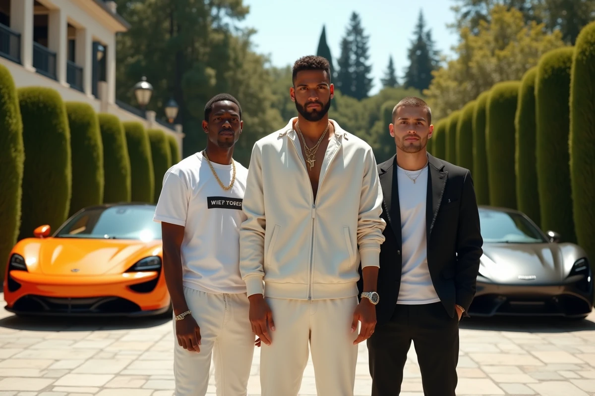 Trio d'influenceurs YouTube posant devant une collection de supercars sur une allée de propriété privée de luxe