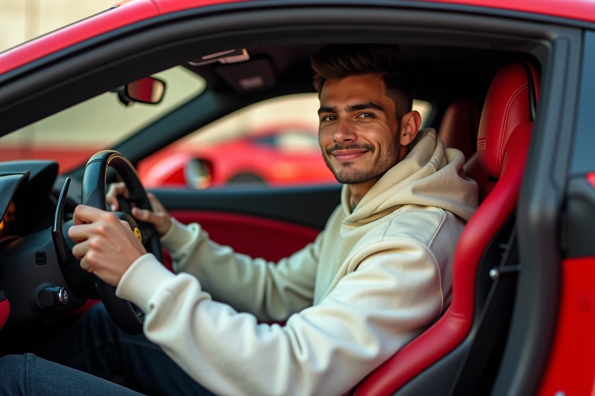 Influenceur YouTube au volant d'une Ferrari rouge vue de l'extérieur, intérieur carbone et tableau de bord sportif