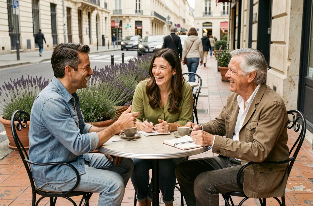 Groupe de personnes partageant un moment positif en terrasse de café, illustrant le bien-être social