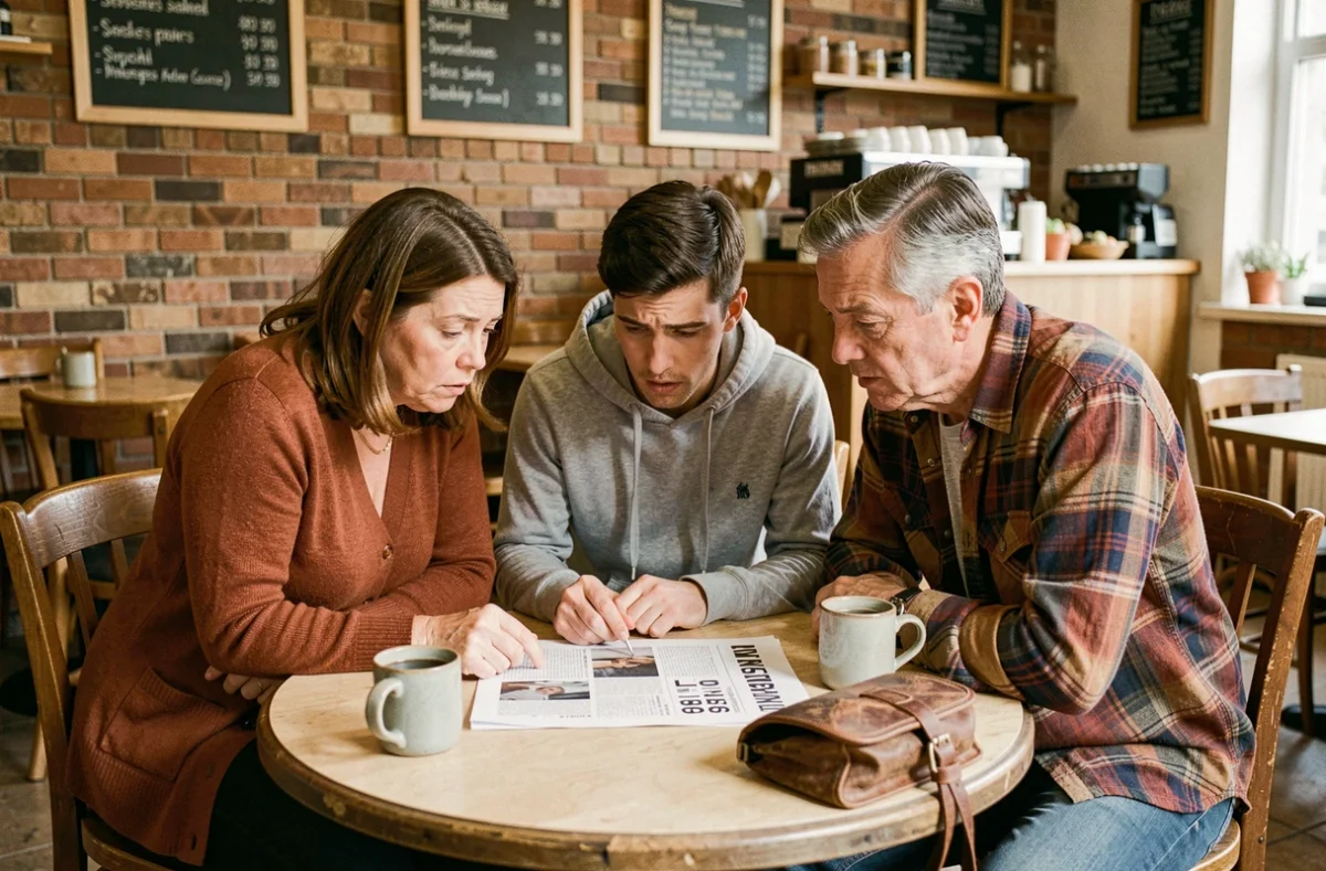 Groupe de personnes curieuses discutant d'un article intrigant autour d'une table de café