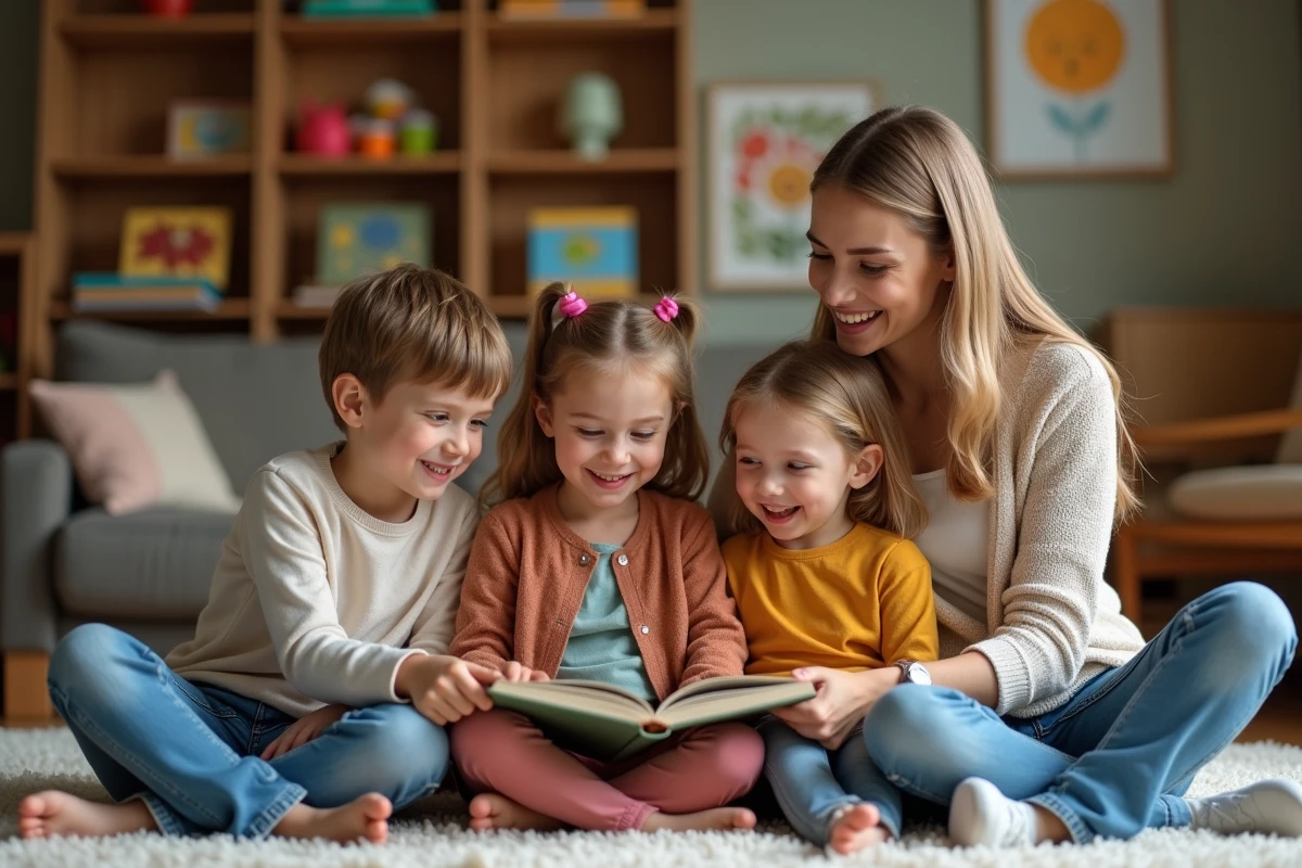 Enfants souriants écoutant une lecture dans un salon chaleureux