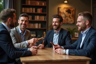 Quatre hommes en blazer autour d'une table à cigare